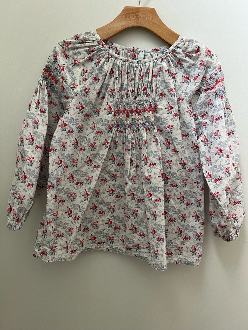 Bonpoint White Floral Smocked Long-Sleeve Blouse with Red Accents